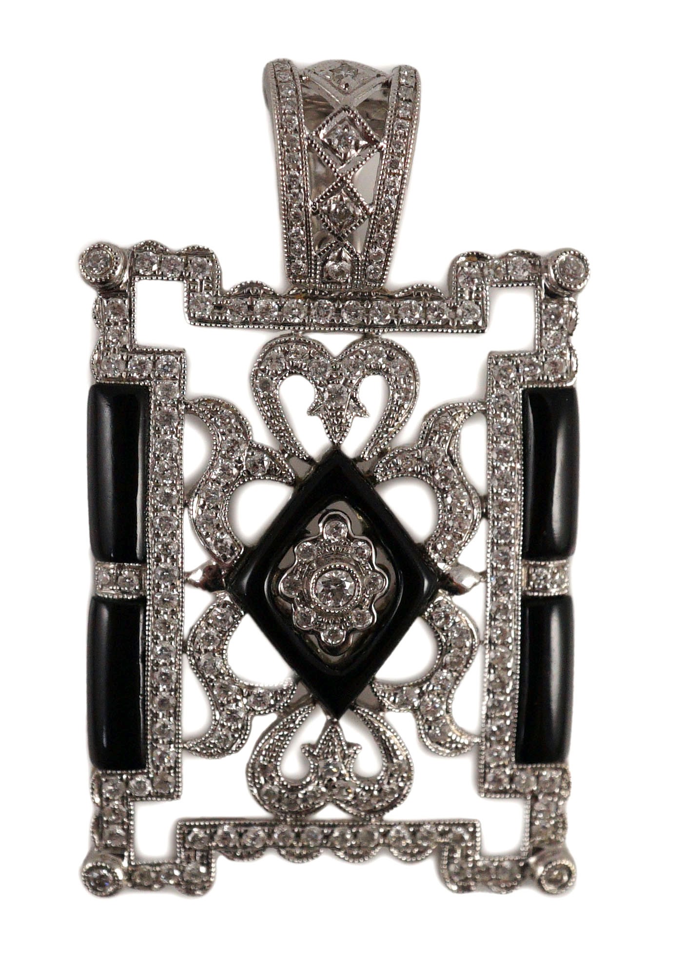 A modern 1920's style pierced 18k white gold, diamond and black onyx set rectangular pendant